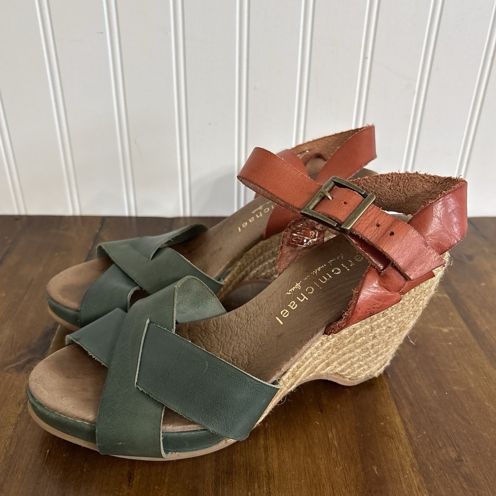 Eric Michael Two Tone Strappy Wedge Leather Sandals 40 / 9.5-10 Green Rusty Red